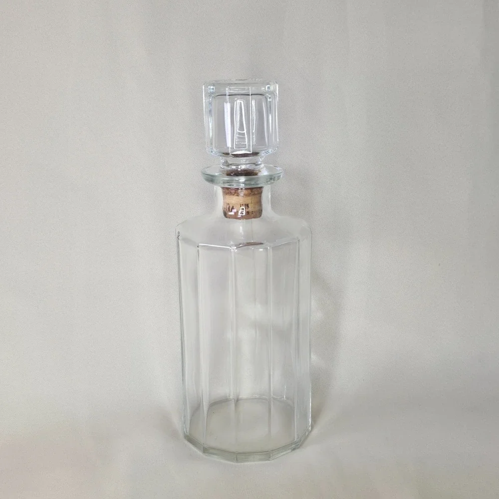 Vintage Bormioli Italy 12-Sided Faceted Dodecagonal Glass Decanter Cork Stopper